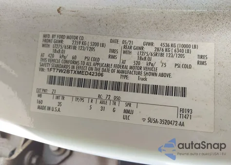 2021 Ford F-250 Xlt из США, поврежденный, VIN 1FT7W2BTXMED42306